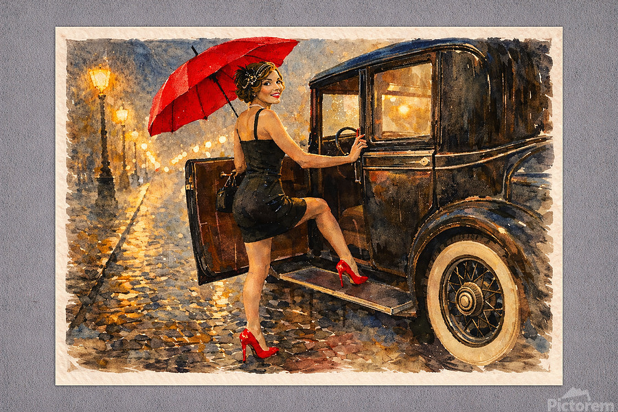 A woman pauses mid-step beside a vintage automobile, rain glowing under warm streetlamps. The red umbrella and heels introduce drama, confidence, and cinematic allure