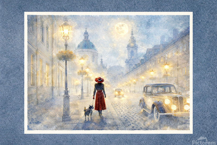 Figurative night street scene featuring a woman in a red coat walking a dog through a softly lit historic city with vintage cars and glowing street lamps, conveying calm, reflection, and timeless atmosphere.