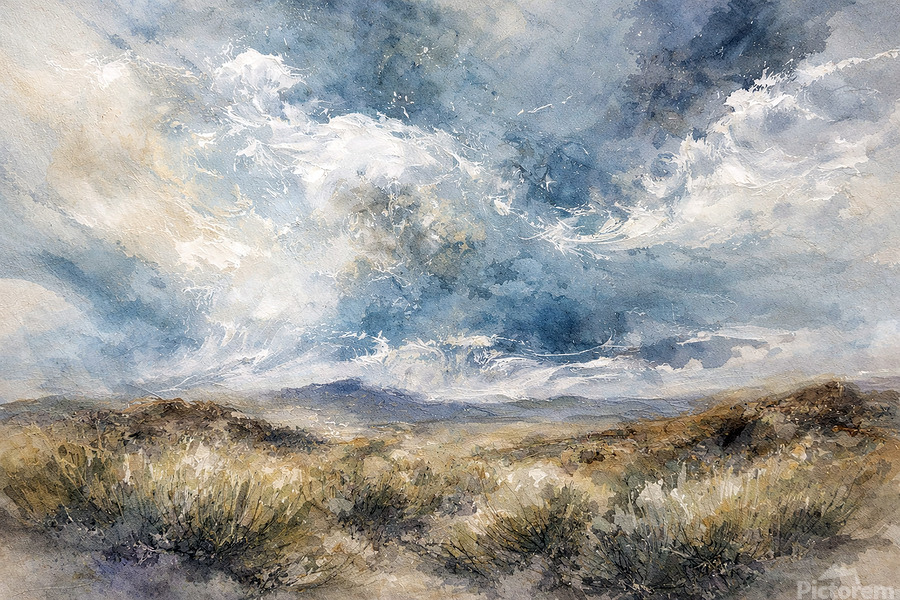 A vast, windswept landscape beneath a restless sky, where textured brushstrokes and soft earth tones capture the quiet beauty, freedom, and timeless rhythm of the open land.