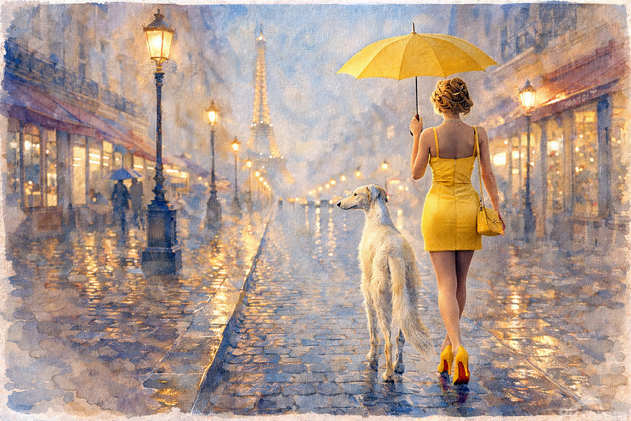 A luminous stroll through rain-kissed streets, where elegance, companionship, and golden light turn an ordinary evening into poetry