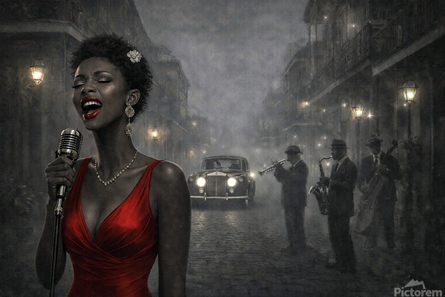 A soulful jazz singer in a deep red gown performs on a misty New Orleans street, framed by a live band and vintage luxury,
