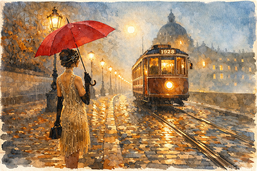 A woman stands beneath a red umbrella as a 1928 streetcar glides through rain-lit streets. Reflections, lamplight, and mist evoke nostalgia and cinematic elegance