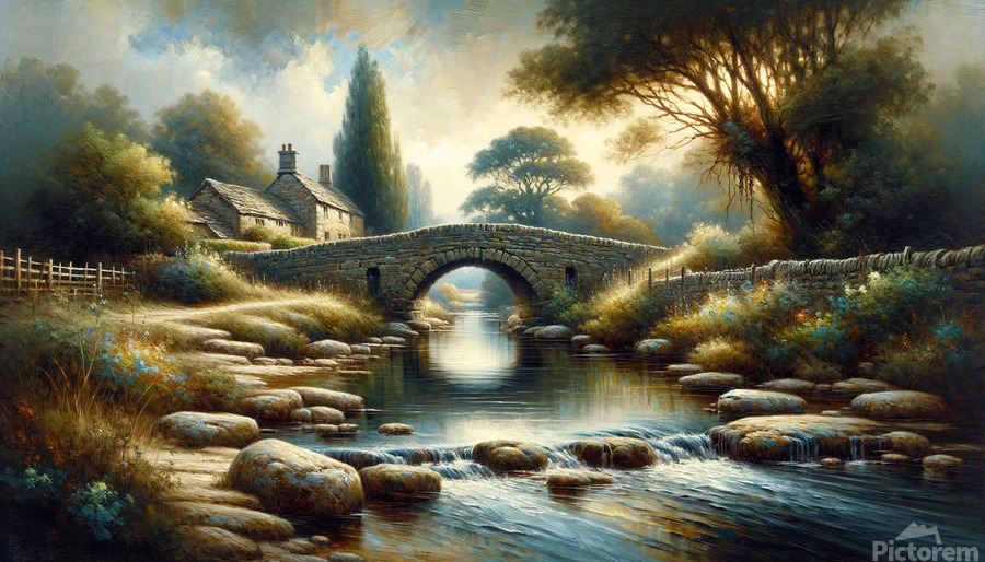An oil paint interpretation of the countryside scene with the old stone bridge and tranquil stream, in landscape format. 