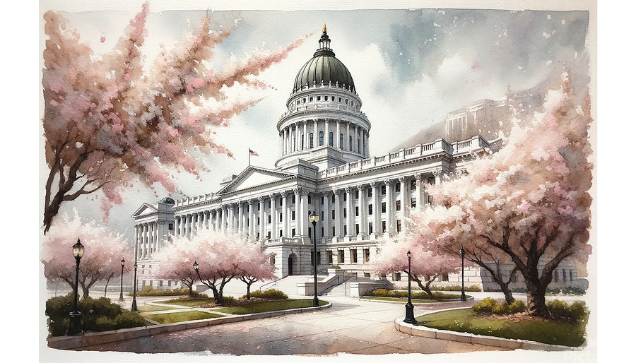 Watercolor painting of the Salt Lake City Capitol Building during spring. Cherry blossom trees in full bloom