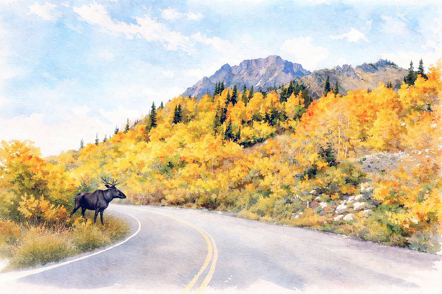 A bull moose emerges from the golden aspens and pauses at the edge of a winding canyon road, framed by crisp blue sky and Utah’s peak-studded autumn glow.
