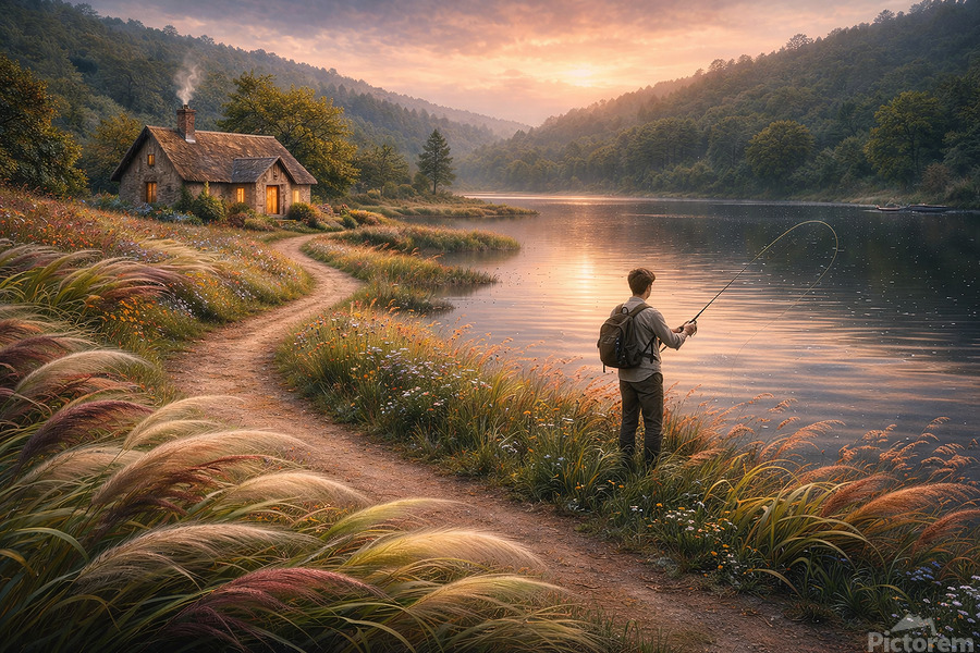 A quiet lakeside moment at sunset, where warm light glows from a cottage and a lone fisherman casts into still waters—capturing the peace, patience, and simple beauty of nature at