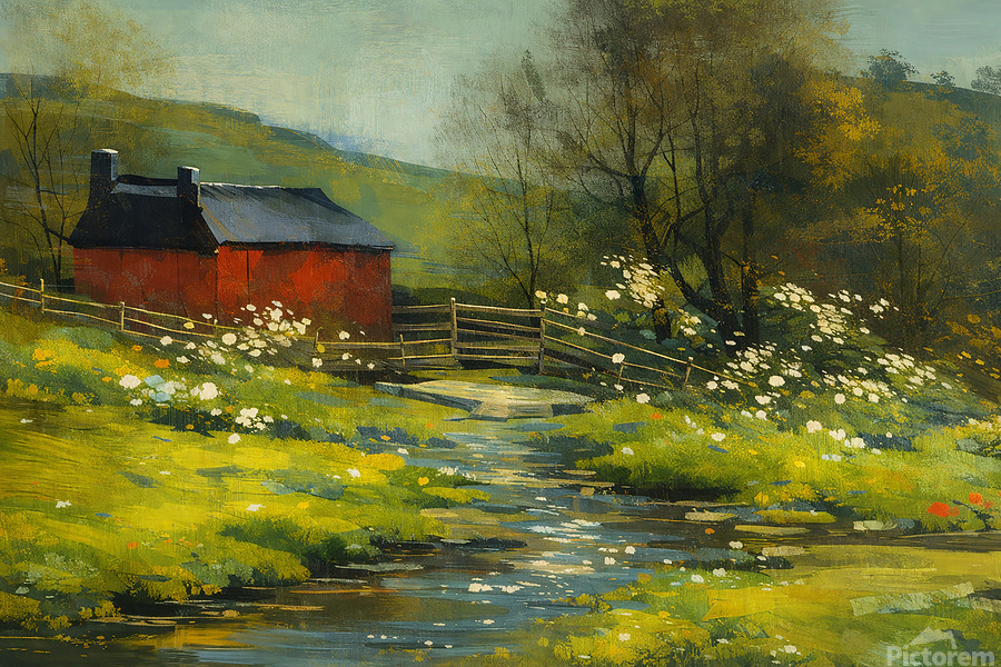 Cottage by the Stream - A quiet countryside refuge, where soft light, flowing water, and wild blooms whisper of peace, memory, and simple beauty.