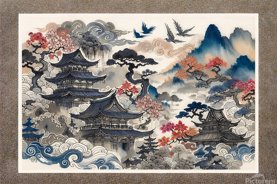 Eastern Dreamscape - A layered world of mist, mountains, blossoms, and soaring birds, where tradition and imagination merge in a timeless, flowing harmony.