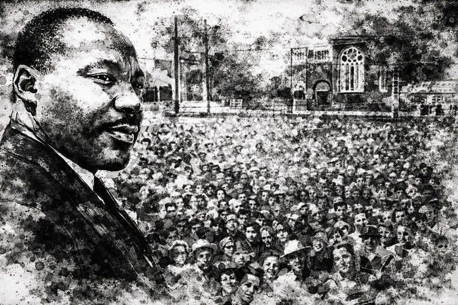 A powerful high-contrast monochrome portrait rendered with raw, expressive line work and textured smudging, depicting a civil rights leader before a vast crowd—history, resolve, and collective momentum distilled into stark light and shadow