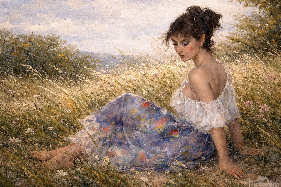 A quiet moment at a sunset, where warm light glows on her body from from above.