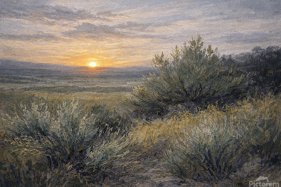 A softly muted acrylic landscape at sunset, where earth tones and gentle greens sweep across textured brushstrokes as the sun slips below the horizon, 