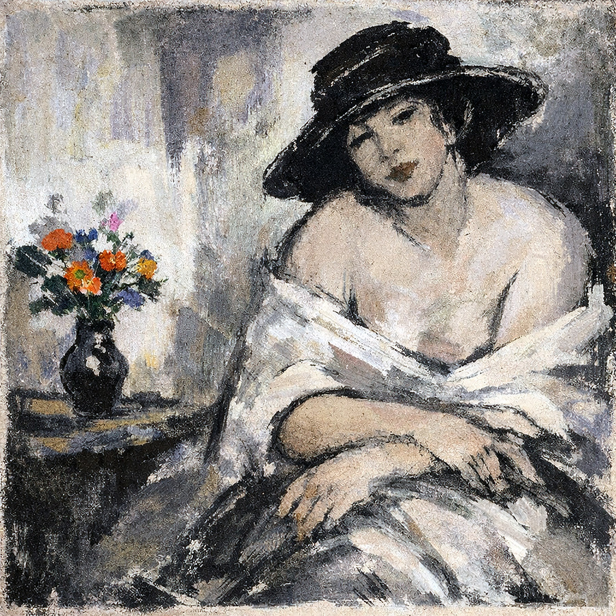 A soft, impressionist portrait of a seated woman in a wide-brimmed black hat, wrapped in flowing white fabric, her calm expression framed by gentle brushstrokes and muted, atmospheric tones. A small vase of colorful flowers rests nearby, adding a subtle burst of life and warmth to the quiet, intimate scene.