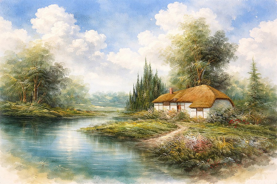 A serene alcohol ink landscape featuring a thatched cottage by a quiet lake, with soft greenery, a winding path, and puffy clouds drifting across a luminous sky
