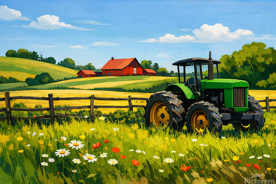 A green tractor rests among wildflowers and tall grass, framed by rolling fields and red farm buildings. Bright color and simplified form celebrate rural life with clarity and warmth