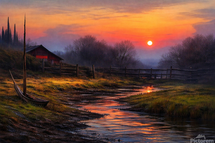 A small red cottage rests beside a winding stream, surrounded by tall grass and wildflowers. Layered greens and soft brushwork create a quiet, pastoral rhythm