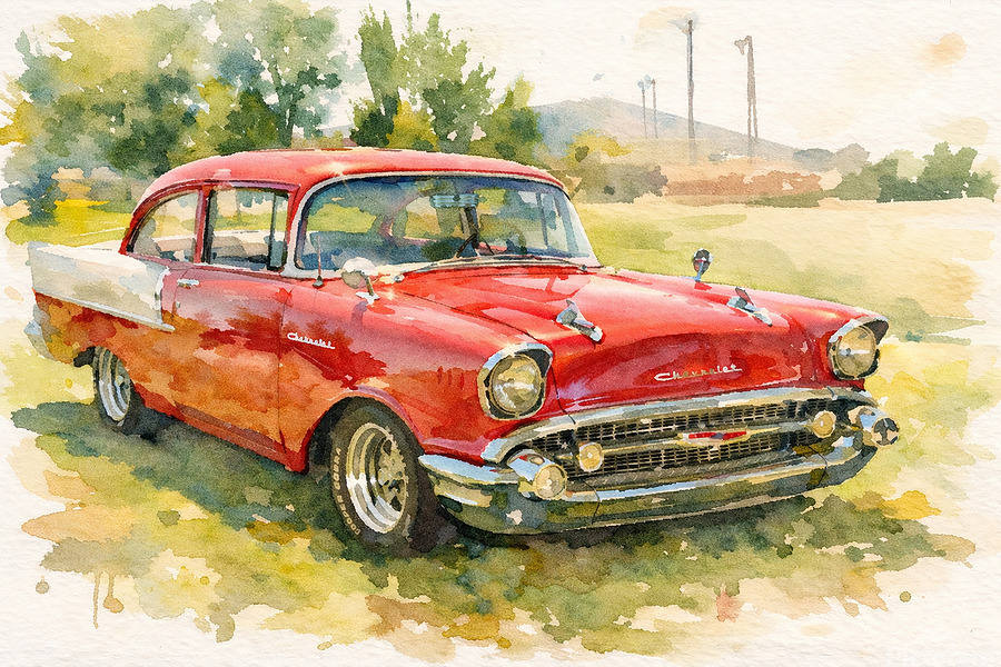 A timeless red classic 957 Chevy, captured in soft watercolor strokes—where chrome, curves, and nostalgia glow with effortless charm