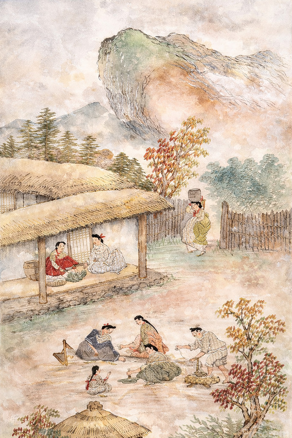 A tranquil alcohol-ink reinterpretation of a traditional East Asian village scene, where daily life unfolds gently beneath mist-softened mountains