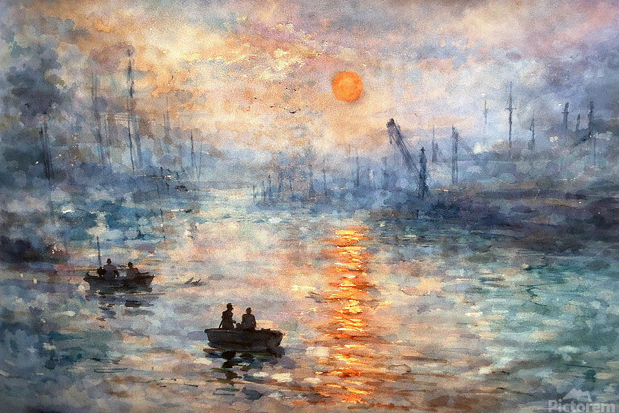 A luminous alcohol-ink landscape capturing a misty harbor at sunrise, where soft silhouettes of boats drift across shimmering water. Warm coral light reflects through cool blue haze, evoking quiet movement, stillness