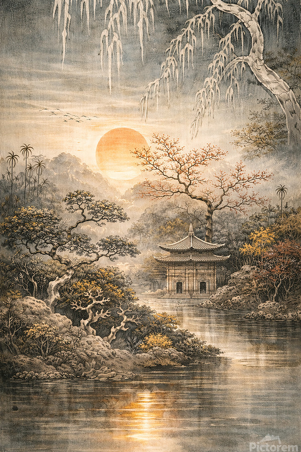 A serene, vertical alcohol-ink composition inspired by East Asian landscape art, featuring a graceful, windswept tree suspended against a softly layered sky