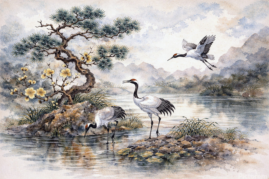 Three cranes move with purpose through still water, balanced and disciplined, like a moment held between breath and strike