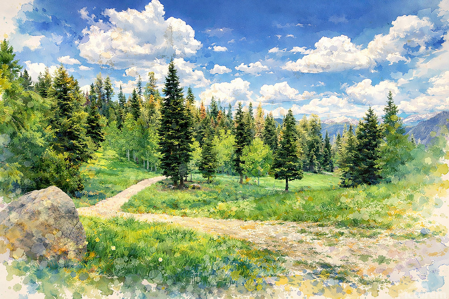 A tranquil alcohol-ink landscape captures the winding road to a remote cabin near Beaver, Utah, where lush mountain meadows and evergreen forests unfold beneath soft, puffy clouds.