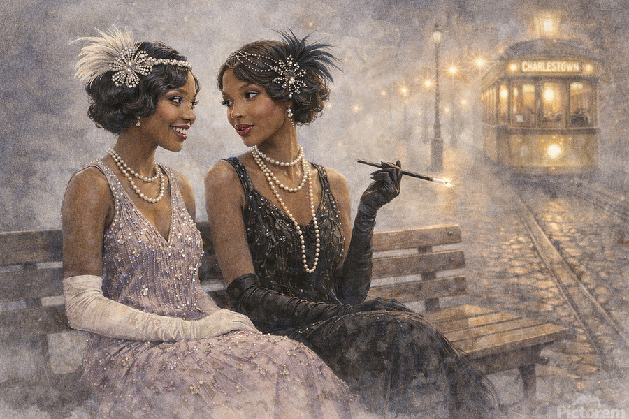 Two women in evening dress share a quiet moment on a lamplit bench as a streetcar glows in the distance. The scene captures intimacy, sophistication, and timeless urban grace