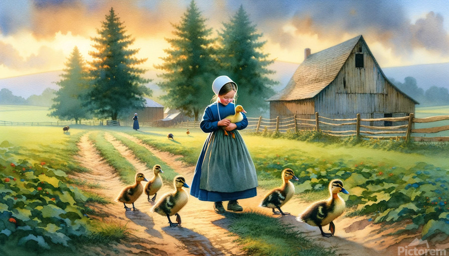 A nostalgic pastoral scene depicting a young girl guiding ducklings along a sunlit farm path, evoking innocence, rural life, and timeless countryside charm.