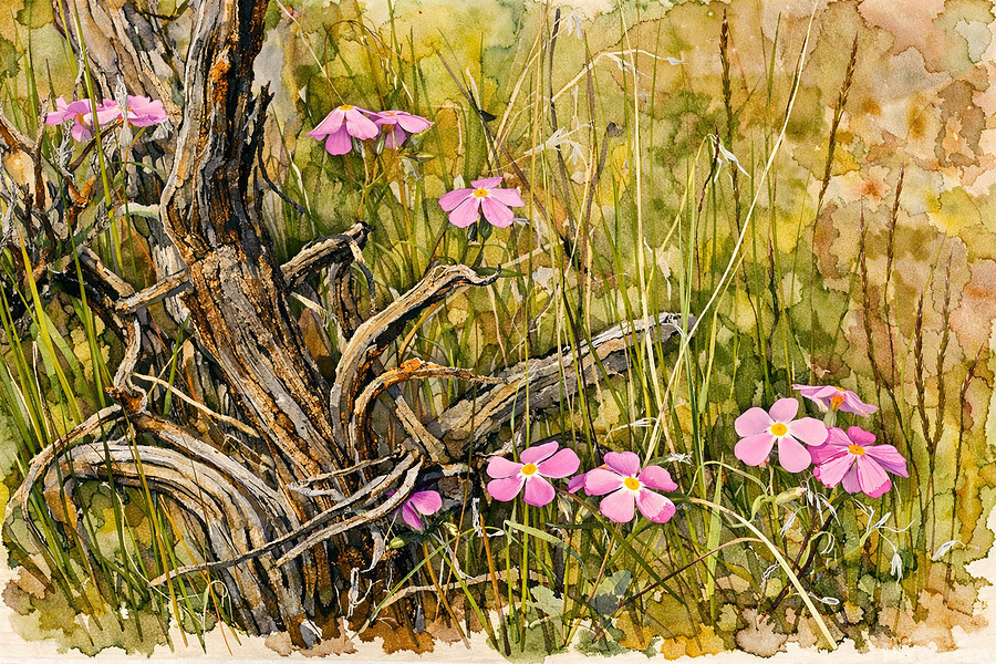 Flowing alcohol ink print mountains, branches, and blossoms suspended between control and chance