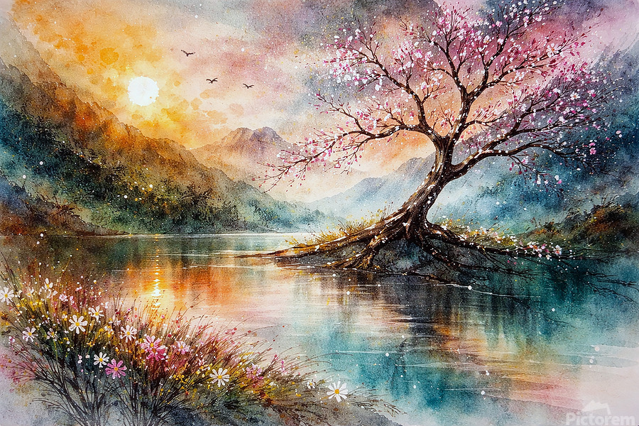 A radiant alcohol-ink landscape where a blossoming tree leans over still water at sunset, its pink petals drifting through warm golds and cool teals as mountains dissolve into mist—an expressive meditation on renewal, balance