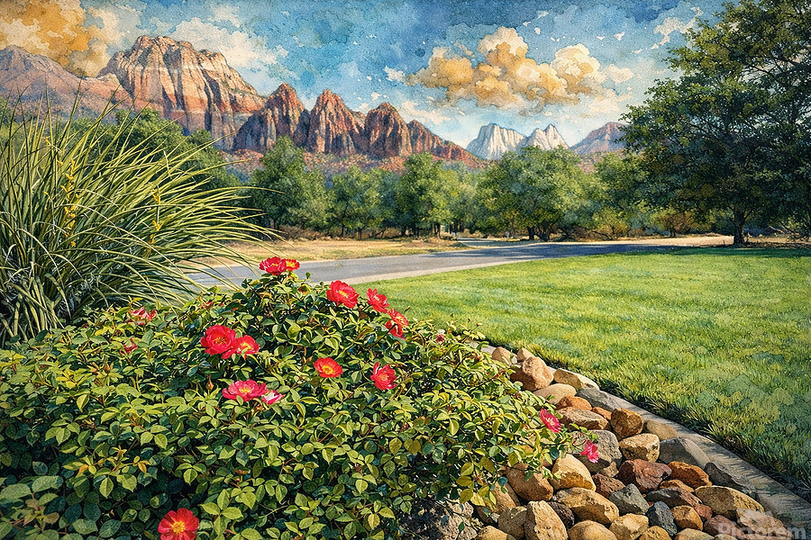 A vibrant alcohol-ink interpretation of Zion National Park, where crimson canyon walls rise beyond a quiet garden of blooming roses and desert grasses, softened by a few warm, coffee-tinted clouds drifting across the Utah sky
