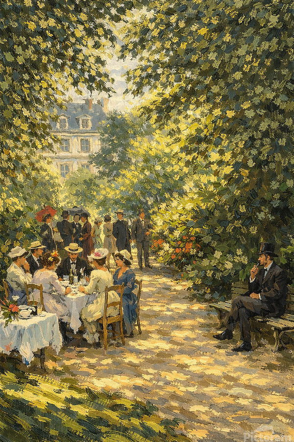 A sunlit garden scene shows elegantly dressed guests gathered for an outdoor meal, with figures seated at a table and others strolling along a leafy path, all rendered in soft, dappled Impressionist light.