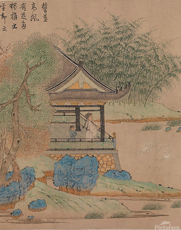 Traditional East Asian-style painting of a scholar and child standing in a pavilion beside a river, surrounded by willow trees and soft landscape details, conveying calm, reflection, and timeless cultural elegance.