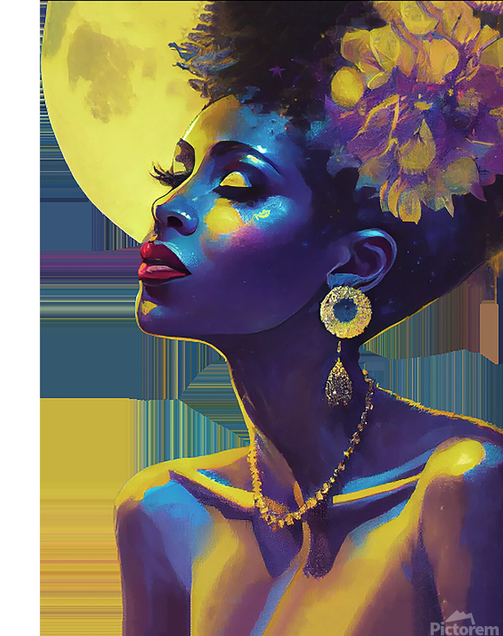 A luminous fine-art portrait of a woman in profile, her skin painted in rich indigo and gold tones that shimmer like starlight. A large violet flower crowns her natural curls, complemented by elegant gold jewelry, creating a striking blend of celestial beauty, cultural elegance, and modern Afro-futurist style.