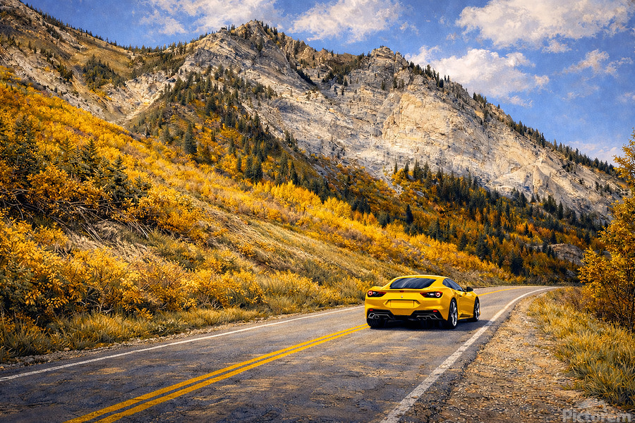 A sunlit Utah canyon in peak autumn color, where a yellow Ferrari glides along the right side of a winding mountain road, framed by glowing aspens, rugged limestone cliffs, and a crisp blue sky—modern motion set against timeless landscape
