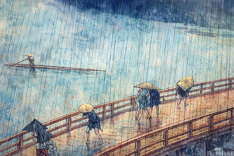 A rain-washed alcohol-ink landscape inspired by traditional Japanese woodblock scenes, where travelers in straw hats cross a wooden bridge as sheets of rain dissolve into flowing blues and soft earth tones