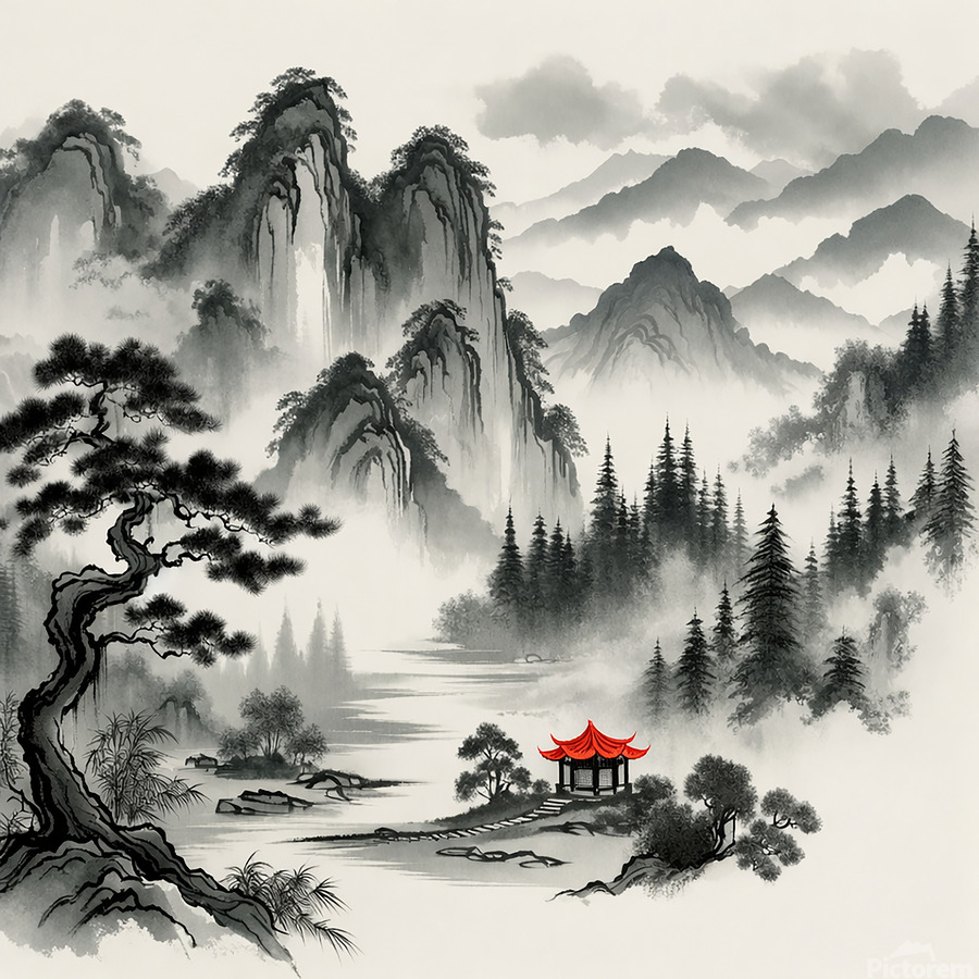 A serene ink-wash landscape of mist-shrouded mountains and evergreen forests reflected in a quiet river, centered on a small pavilion with a vivid red roof. Soft clouds, layered peaks, and a windswept pine frame the scene, creating a tranquil, timeless atmosphere of balance, nature, and peaceful retreat.