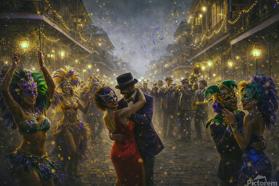 A lively Mardi Gras night in New Orleans, where masked dancers and a brass band fill glowing streets with rhythm, color, and the city’s unmistakable cultural energy.