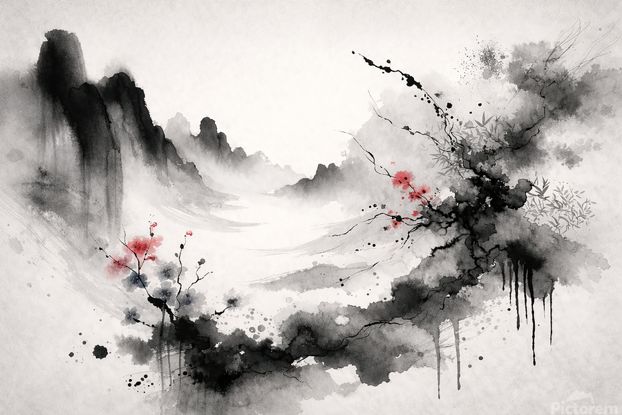 Abstract ink landscape with misty mountains, flowing black ink washes, and subtle red blossoms