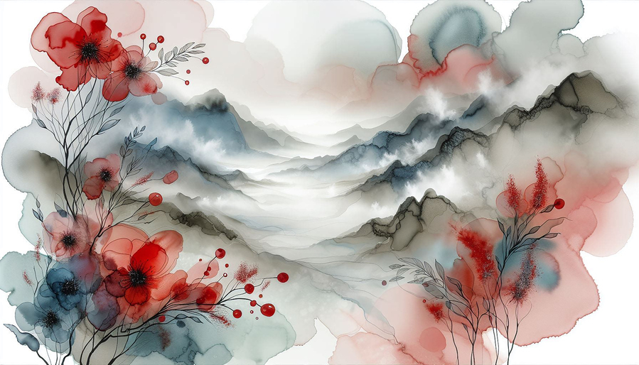Abstract ink and watercolor landscape with mist-filled mountains and red floral accents, conveying depth, balance, and timeless calm.