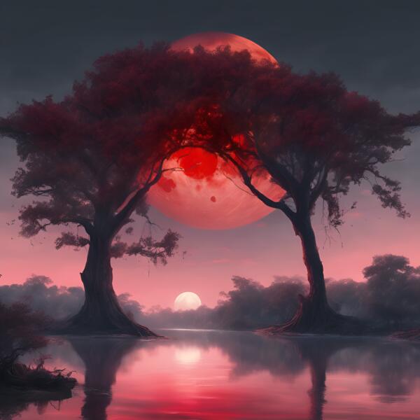 The red moon at twilight under large trees on a river of water Print