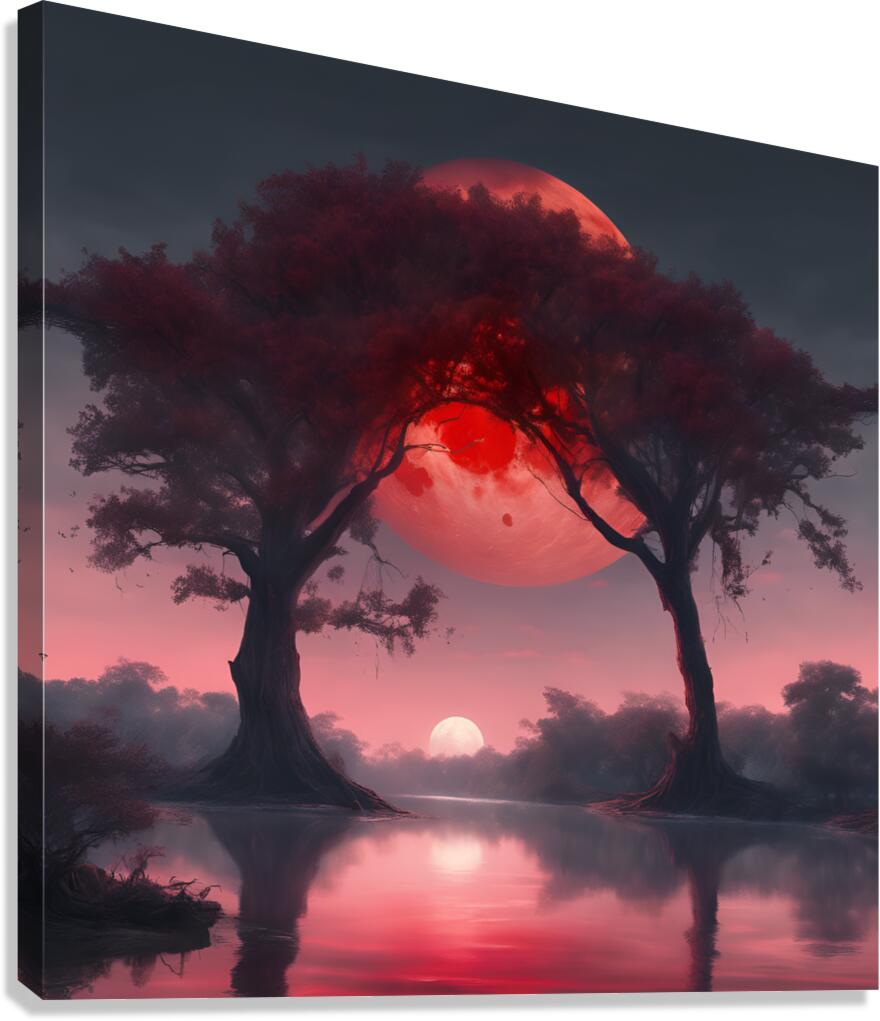 The red moon at twilight under large trees on a river of water Canvas Print