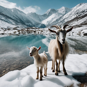 158084 A goat with her baby in front of a pool of