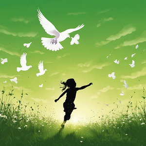  Silhouette of a little girl running to cat