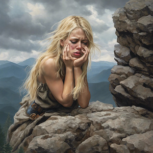 Shy blonde mountain girl on the big rock2