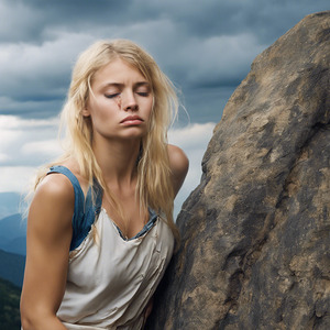 Shy blonde mountain girl on the big rock 1