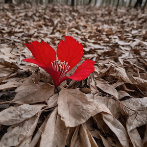  A red flower among scattered dry leaves