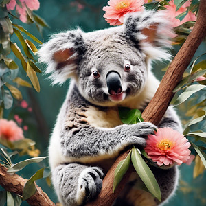 The cute koala on the tree has the beautiful flowers