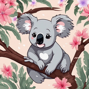 The cute koala on the tree has the beautiful flowers