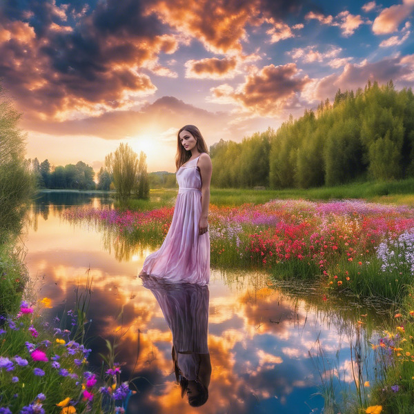 Girl in the stream at sunset Print