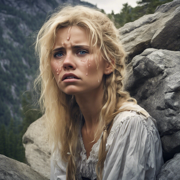 Shy blonde mountain girl on the big rock3 Print